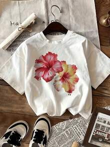 Playera de mujer de algodón 100% con estampado floral tropical de hibisco, manga corta holgada, diseño casual y cómodo para verano y primavera-Vintage Street Style Unisexoose Cotton Short Sleeve Crew Neck T-Shirt - Blanco - Ver 6