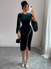 LUNNELUX Women Fall Velvet Midi Dress, Round Neck Split Flared Sleeve With Silver Fringe, Christmas Party Evening Gown - Dark Green - View 3