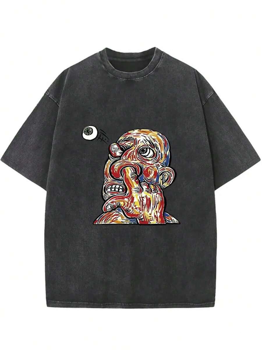 1 pieza de camiseta lavada para hombre de 230 g |   Estilo callejero vintage, estampados artísticos vibrantes, adecuado para todas las estaciones, lavable a máquina, regalo ideal para las fiestas. - Negro - Ver 1