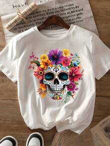 Camiseta de algodón de manga corta para mujer A581 [Camiseta de manga corta con estampado floral colorido de calaveras y cuello redondo] - Blanco - Ver 5