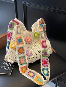 Fashionable Bohemian Style Crochet Tote Bag, Stylish 3D Floral Decor, Large Capacity Open-Top Handbag, Beach Tote, Suitable For Work, School, Beach, Vacation, Woven Texture - Beige - View 1