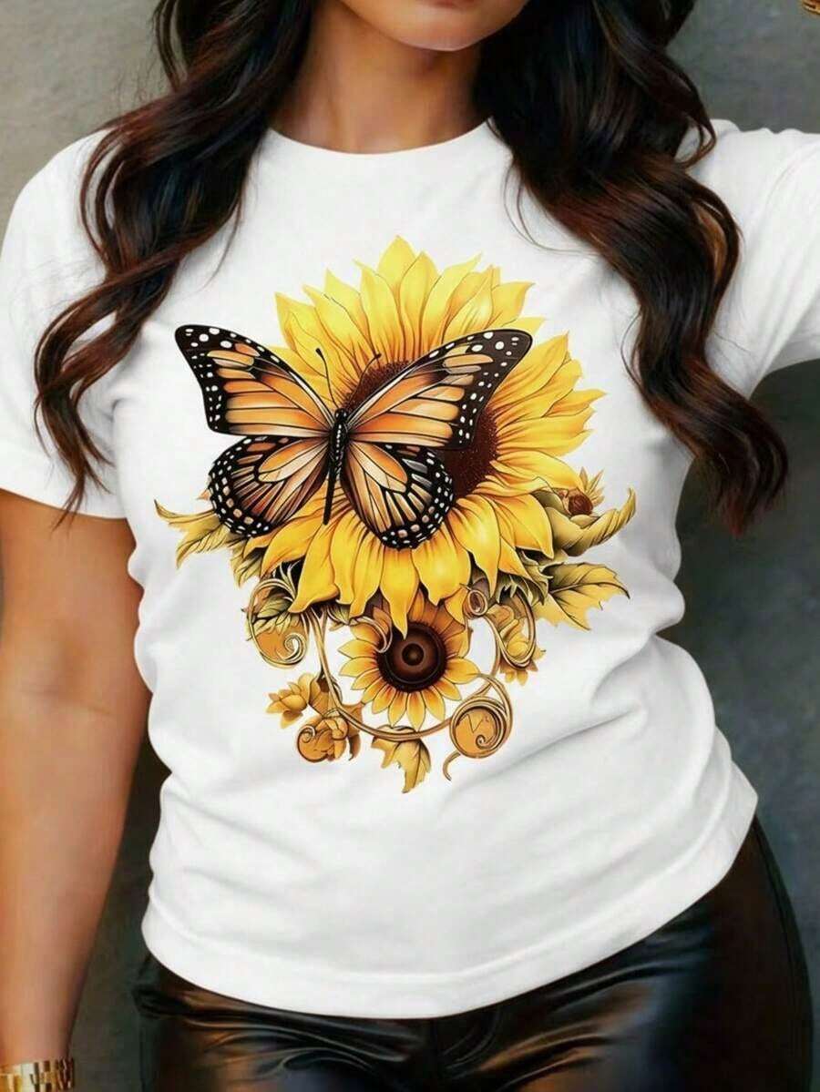 ropa de mujer Camiseta playera grafica dama mujer estampado mariposa girasol girasoles mariposas primavera verano dia noche casual corte holgado cuello redondo manga corta material suave camisas de mujer - Blanco - Ver 1