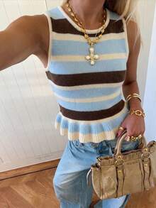 Áo tank top dệt kim không tay, viền bèo nhún, kẻ sọc, dáng suông, độ co giãn vừa phải, thích hợp cho nữ. Áo mùa hè, trang phục công sở. - màu nâu - Xem 7