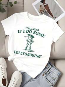 Women's Round Neck T-Shirt With Frog Print With Hat And Cigar And The Phrase "Yall Mind If I Do Some Lollygagging", Short Sleeve, Casual Summer Style. - 白色 - 查看 2