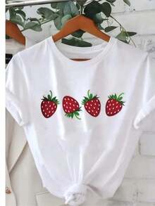 Fashionable Casual T-Shirt With Cartoon Strawberry Print, Women's Casual Crew Neck Loose Fit, Y2K Harajuku Style, Short Sleeve, 100% Cotton, Durable - 白色 - 查看 1