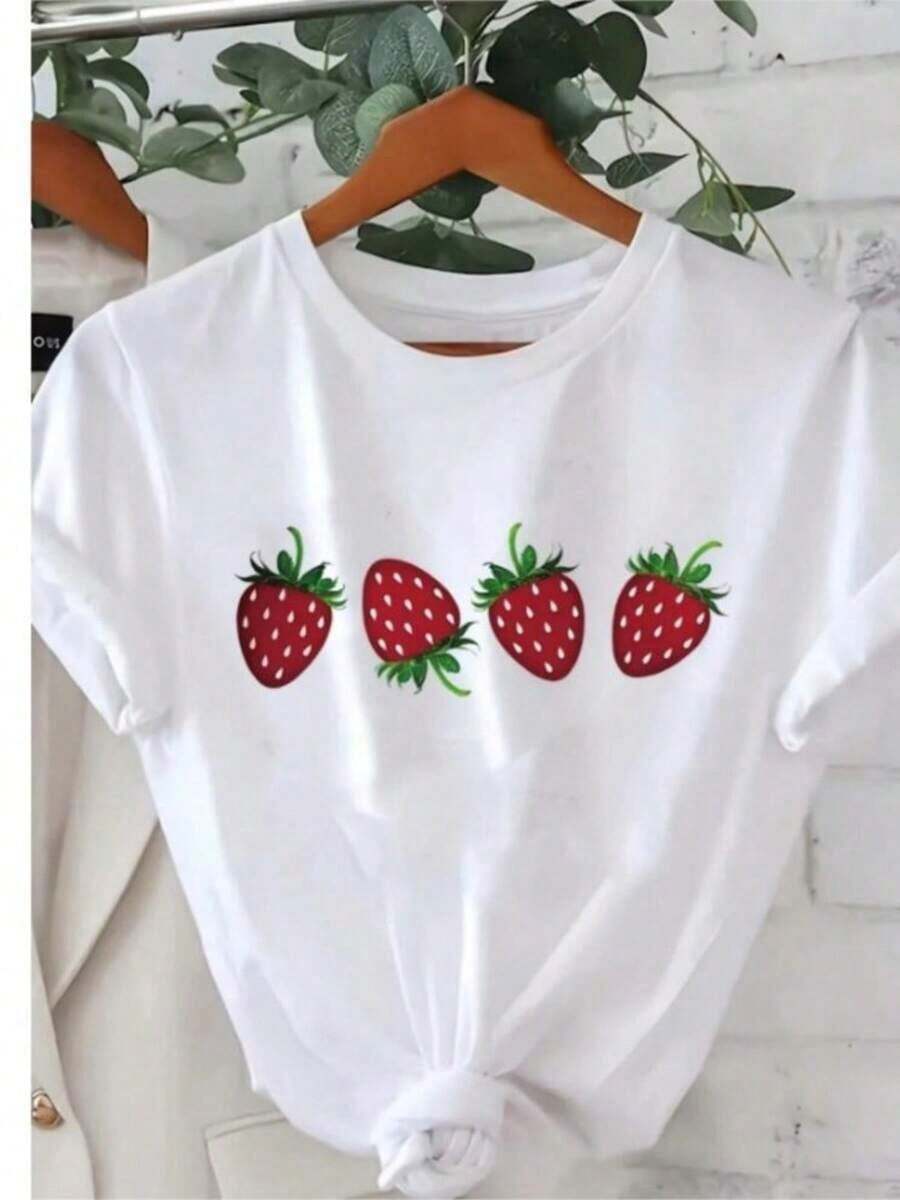 Fashionable Casual T-Shirt With Cartoon Strawberry Print, Women's Casual Crew Neck Loose Fit, Y2K Harajuku Style, Short Sleeve, 100% Cotton, Durable - 白色 - 查看 1