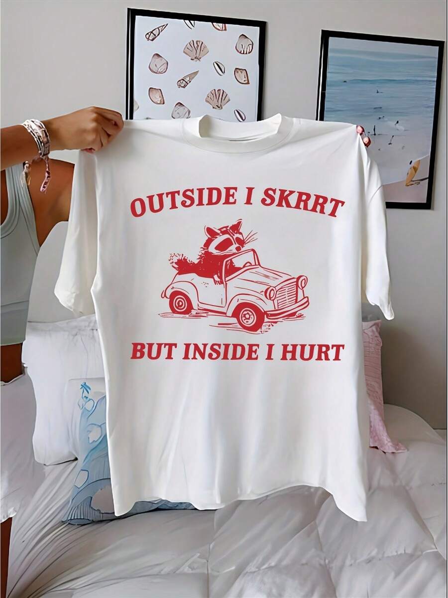 Women's Casual Short Sleeve Crew Neck T-Shirt With "Outside I Skrrt But Inside I Hurt" Print And Raccoon Graphic - White With Red Lettering, Lightweight Semi-Sheer Top For Summer And Spring, Machine Washable, Seasonal Fashion, Fun Design, Semi-Sheer Material, Y2k T-Shirt - 黑色 - 查看 1