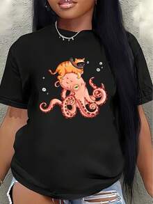 Camiseta de manga corta de poliéster con diseño de pulpo y gato, ligera y duradera para uso casual en casa o en una cafetería, perfecta para comodidad diaria y estilo divertido. - Negro - Ver 1