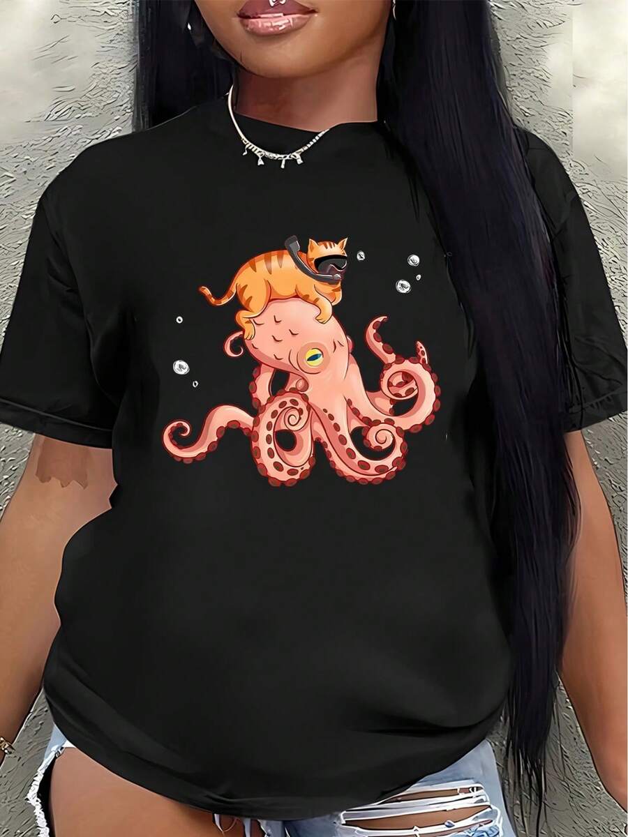 Camiseta de manga corta de poliéster con diseño de pulpo y gato, ligera y duradera para uso casual en casa o en una cafetería, perfecta para comodidad diaria y estilo divertido. - Negro - Ver 1