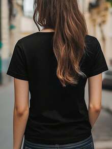 Edición Limitada. Camiseta con estampado de letras Paciciencia Agotada, top casual de manga corta y cuello redondo, adecuada para verano y primavera, ropa de mujer, algodón ligero. - Negro - Ver 3