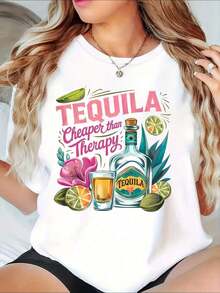 Camiseta gráfica para mujer con diseño de botella de tequila y lima, más barata que la terapia, perfecta para fiestas de cóctel, Cinco de Mayo o una noche divertida, 220g playeras de mujer - Blanco - Ver 7