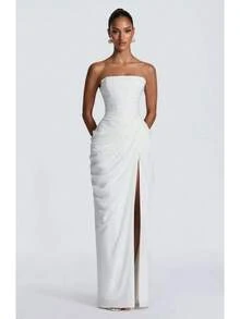 Summer Dresses For Women's 2026 Strapless Yellow Maxi Dress | Elegant Fitted High Slit Evening Gown For Party, Wedding Guest & Formal Occasions,Fitted - 黃色 - 查看 11