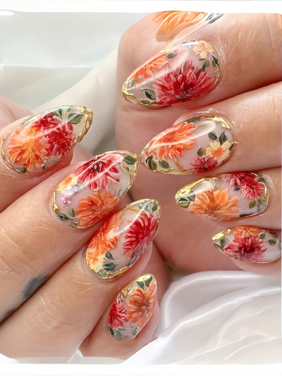 24片杏仁形短款按压式美甲贴片，绿色花卉和金色牡丹/菊花图案，亮面，3D水钻装饰，可拆卸甜美兰花风格假指甲，适合春秋季节，美甲用品 - 綠色 - 查看 1