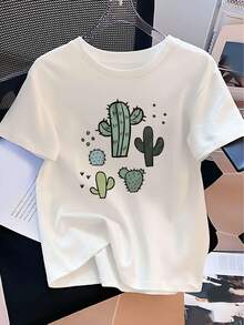 Women's Casual Cactus Print T-Shirt - Soft, Short Sleeve, Relaxed Fit, Crew Neck, With Green And Blue Cactus Print, Machine Washable, Perfect For Casual Wear, Outdoor Activities And Sports, Style Y2k - 黑色 - 查看 1