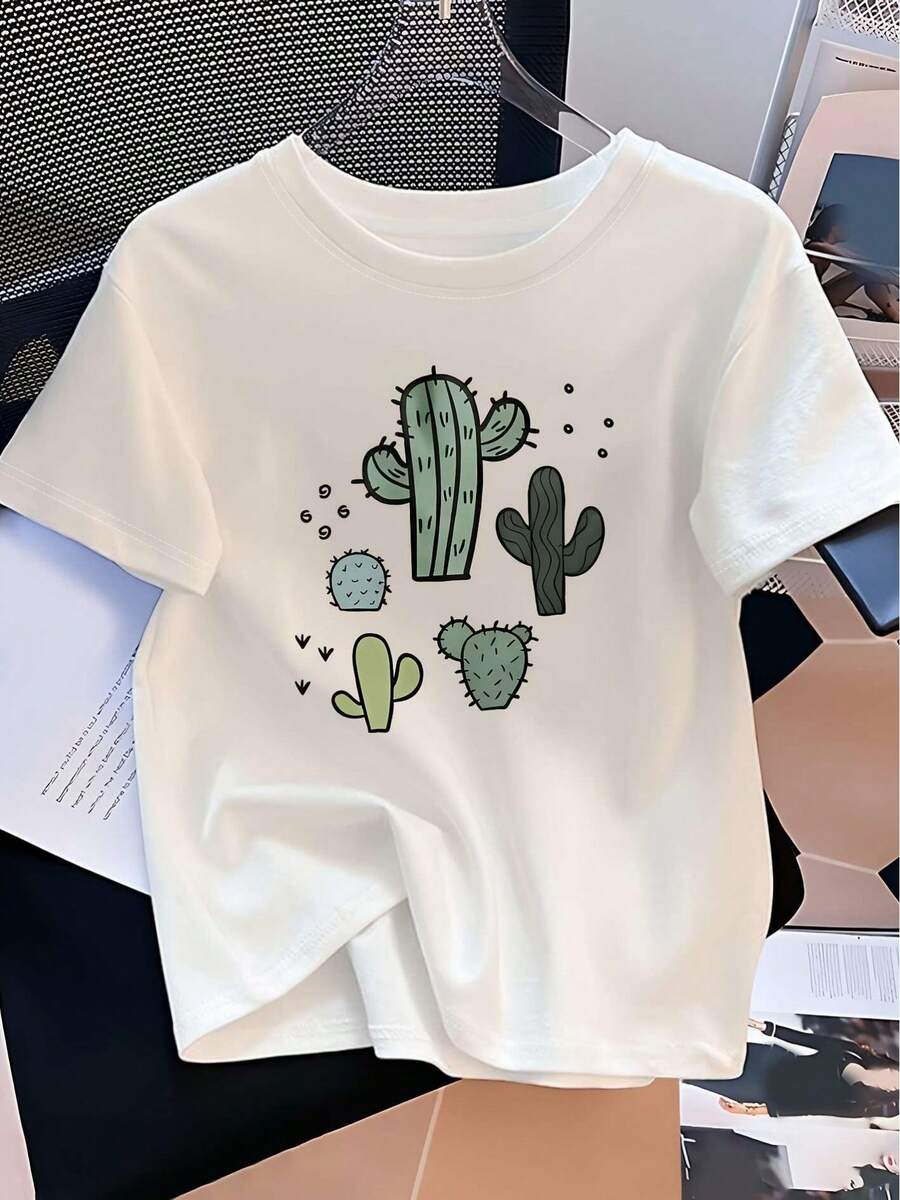 Women's Casual Cactus Print T-Shirt - Soft, Short Sleeve, Relaxed Fit, Crew Neck, With Green And Blue Cactus Print, Machine Washable, Perfect For Casual Wear, Outdoor Activities And Sports, Style Y2k - 黑色 - 查看 1