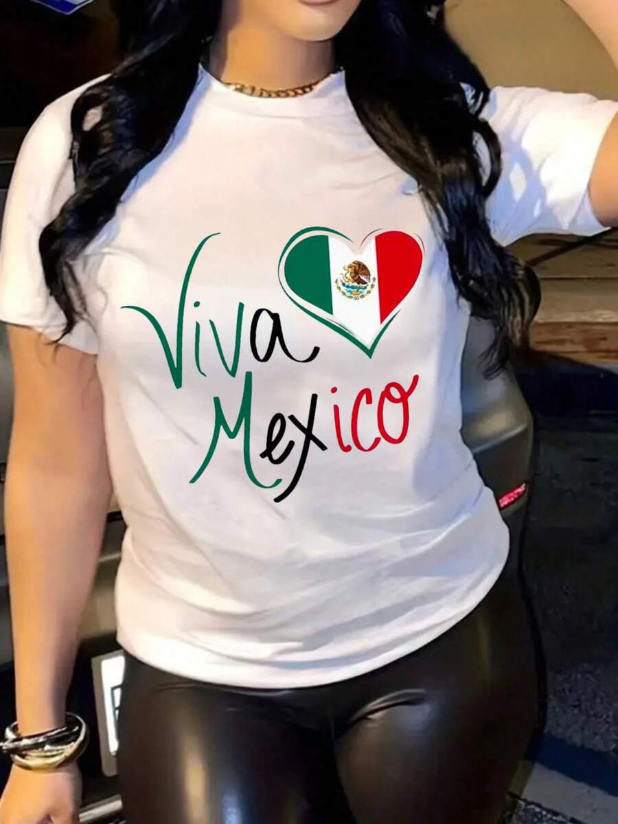 Women's Viva Mexico Patriotic Graphic T-Shirt - Mexican Flag Heart Design, Casual Short Sleeve Crew Neck, Machine Washable, Spring And Summer T-Shirt For Women, Festive Outfit, Cultural Celebration Shirt, Bold Text Design, All Season Clothing - 白色 - 查看 1