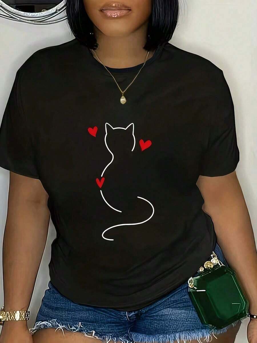 Plus Size Women's Short Sleeve T-Shirt, Loose Fit T-Shirt, Black Round Neck With Heart And Cat Print, Short Sleeve, Slightly Loose And Comfortable Fit For Spring, Summer And Autumn, Sweet And Cool Casual Top For Leisure Time. - 黑色 - 查看 1