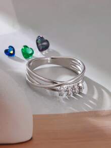 1 chiếc nhẫn nữ lấp lánh thiết kế đan chéo, đá zircon tổng hợp, nhẫn kỷ niệm, quà tặng Valentine, nhẫn cưới sang trọng, phong cách thanh lịch quyến rũ. - Bạc - Xem 2