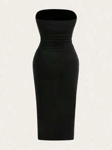 Vestido elegante de punto sin tirantes ajustado y multicolor para mujer - Marrón Chocolate - Ver 6