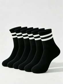 1/5/10 Pares de Meias Listradas Pretas Unissex de Cano Médio, Moda Minimalista Confortável, Adequada para Uso Diário, Combinação de Estilo Escolar, Todas as Estações - Preto - Visão 3