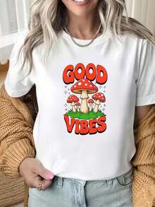 Camiseta de manga corta con cuello redondo y estampado interesante para mujer, camiseta con gráfico de hongos "Good Vibes", top casual divertido con estampado de hongos, camiseta de algodón para el verano, pieza de moda. Adecuada para fiestas de Navidad, actividades deportivas, fiestas de vacaciones, salidas, deportes y otros regalos navideños. Camiseta unisex de algodón holgada de manga corta y cuello redondo estilo vintage urbano - Blanco - Ver 1
