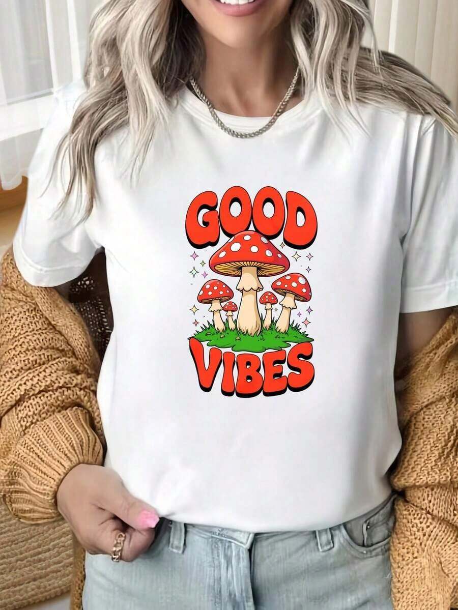Camiseta de manga corta con cuello redondo y estampado interesante para mujer, camiseta con gráfico de hongos "Good Vibes", top casual divertido con estampado de hongos, camiseta de algodón para el verano, pieza de moda. Adecuada para fiestas de Navidad, actividades deportivas, fiestas de vacaciones, salidas, deportes y otros regalos navideños. Camiseta unisex de algodón holgada de manga corta y cuello redondo estilo vintage urbano - Blanco - Ver 1