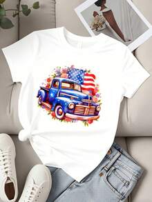 1 Piece Women's Casual Loose Fit Crew Neck T-Shirt, Blue, Vintage American Flag Floral Print, Patriotic, For Independence Day Celebration, Outfit D - 白色 - 查看 2