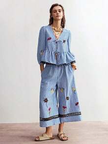 Pantalones rectos holgados para mujer con estampado bordado de rayas en estilo BOHO para vacaciones en la playa - Azul - Ver 7