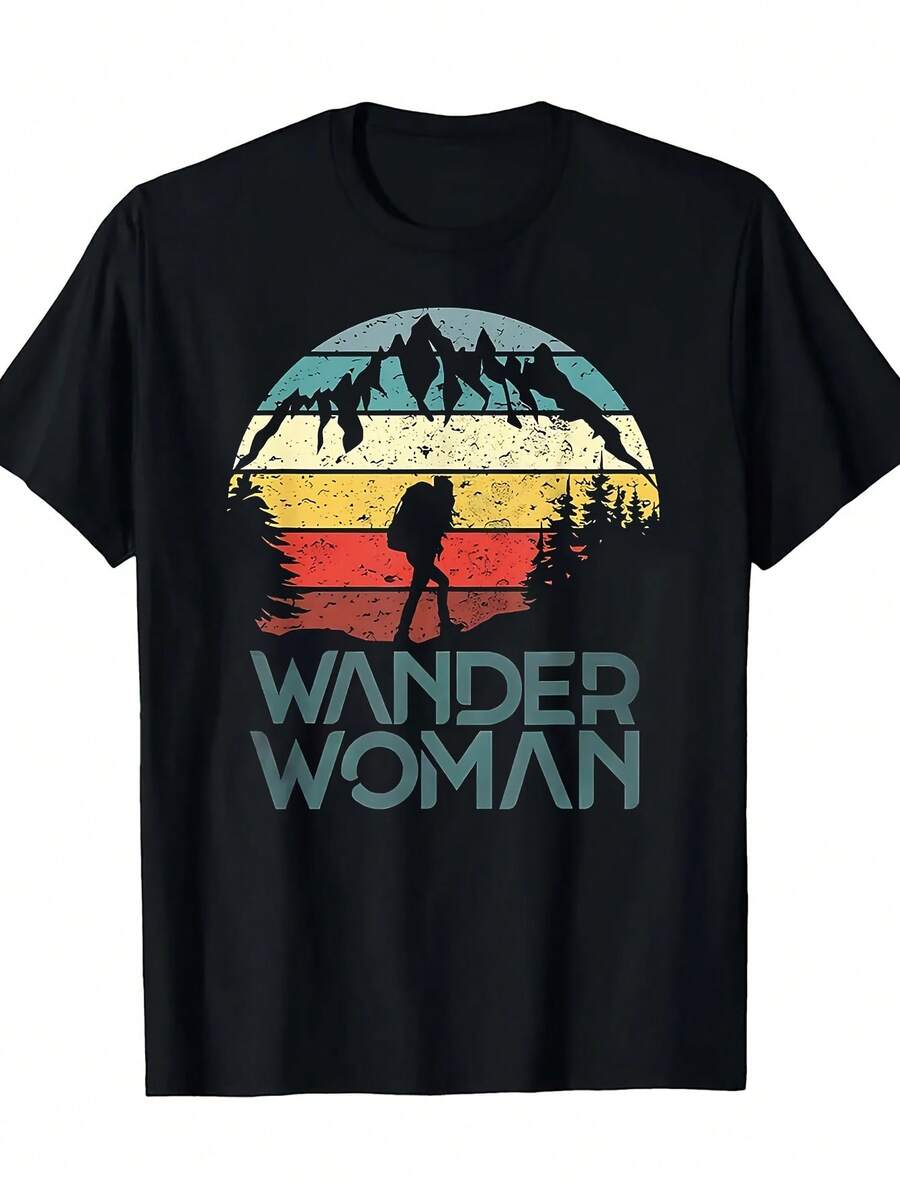 Camiseta Gráfica Retro de Aventura "Wander Woman" - Camiseta Casual de Poliéster Negra con Diseño de Atardecer en la Montaña, Regalo Perfecto para Mujeres y Jóvenes, Ropa Casual Y2k - Blanco - Ver 1