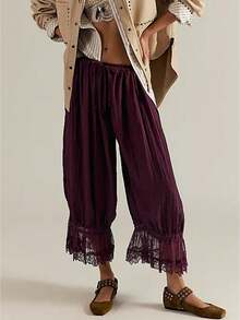 Women Lace Trim Bloomers Casual Elastic Mid Rise Ruffle Cropped Pants Loose Slips Trousers Comfort Bottoms - 酒紅色 - 查看 1
