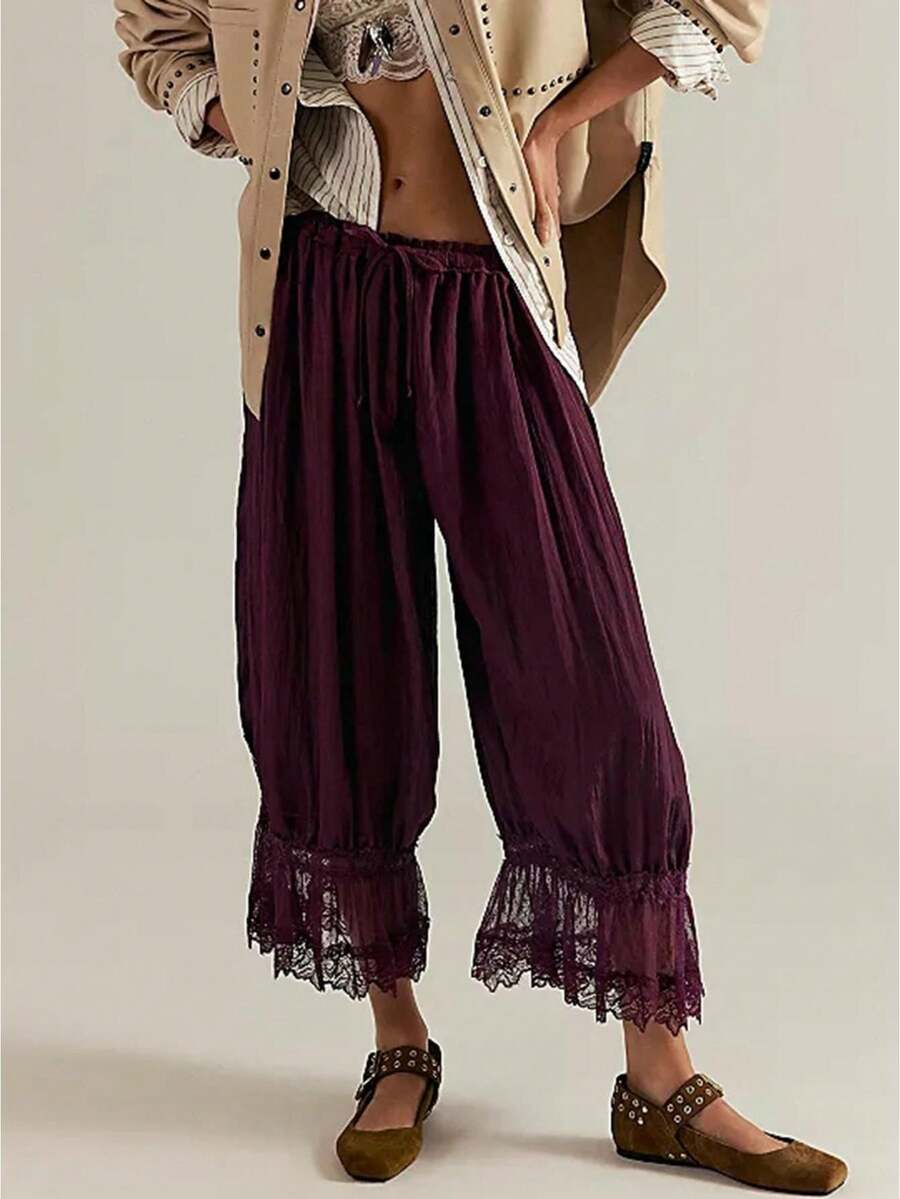 Women Lace Trim Bloomers Casual Elastic Mid Rise Ruffle Cropped Pants Loose Slips Trousers Comfort Bottoms - 酒紅色 - 查看 1