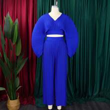 Conjunto de dos piezas primavera con top plisado de solapa y pantalones de pierna ancha - azul real - Ver 4