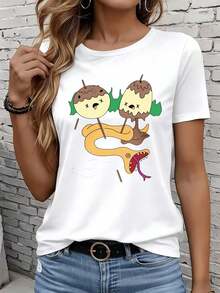 Women's Short-Sleeved T-Shirts In Black And White Are Suitable For Everyday Wear, Lounging At Home, And Outdoor Activities. This Casual Summer T-Shirt Features A Fun Print Of A Snake Eating Ice Cream. The White Graphic Tee Is A Fun Gift For Parties Or Holidays. - 白色 - 查看 7