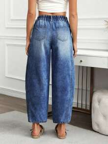 Jeans informales desgastados y desgastados, con ajuste de novio para mujer - Azul lavado oscuro - Ver 2