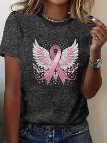 Talla Grande - Camiseta de Cuello Redondo para Mujer con Estampado de Cinta Rosa y Alas - Gris Oscuro - Ver 6