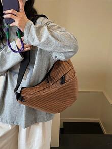 1pc Multi-Color Plaid Design Durable Canvas Material Layered Storage Zipper Closure Casual Shoulder Bag, Versatile Dumpling Shape - Khaki - View 6