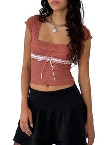 2026 New Women Lace Crop Top Square Neck Short Sleeve Sheer Blouse With Ribbon Bow Suitable For Going Out In Summer - Red - View 1