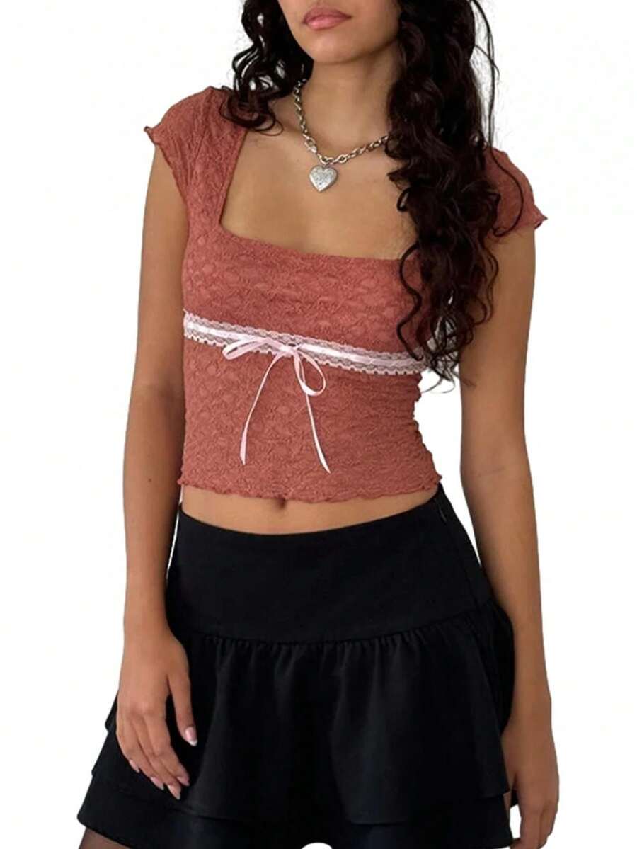 2026 New Women Lace Crop Top Square Neck Short Sleeve Sheer Blouse With Ribbon Bow Suitable For Going Out In Summer - Red - View 1