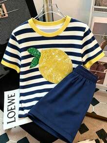 Conjunto informal de 2 piezas con estampado de limón y rayas, adecuado para uso diario - Multicolor 5 - Ver 5