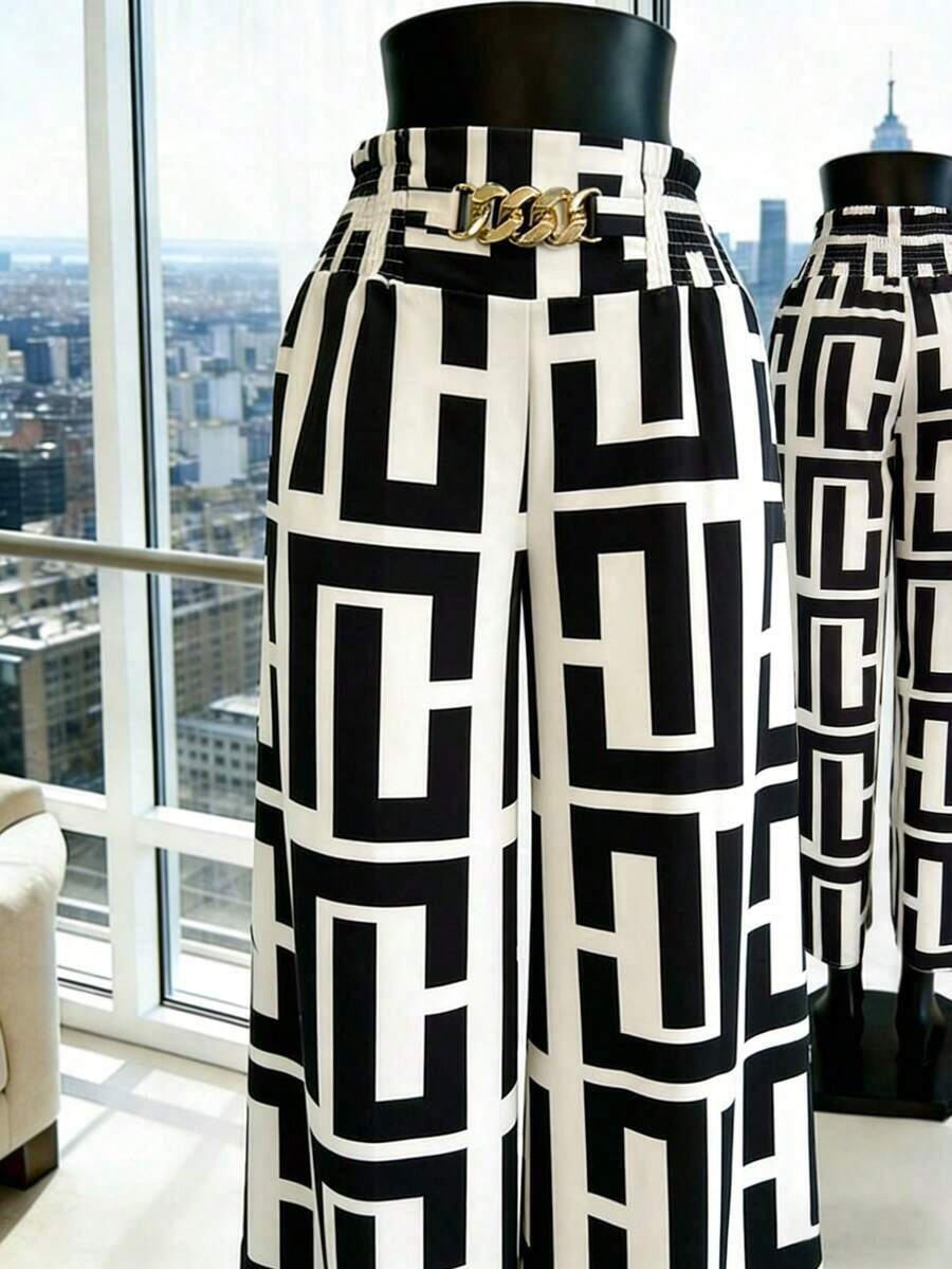 Pantalones de pierna ancha con estampado geométrico y hebilla metálica de cintura alta para mujer - Blanco y Negro - Ver 1