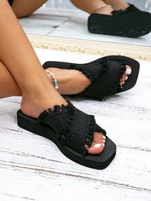 Women's Open Toe Slippers, Sliders, Summer, Home Slipper, Flat, Spring, Autumn, Beach - Black - View 3