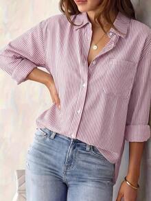 Nueva llegada Cárdigan superior con estampado floral y de rayas de otoño, camisa de manga larga de moda casual para mujer en primavera - Lila Púrpura - Ver 5