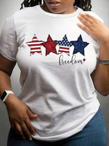 Plus Size Women's Patriotic American Flag T-Shirt, Soft Round Neck Short Sleeve Comfortable Casual Top, For Casual Attire Holiday & Everyday Outfit, Machine Washable All-Season Wear, Red With White & Blue Stars, Festive Clothing Patriotic Design Durable Fabric American Flag Clothes - Trắng 1 - Xem 2