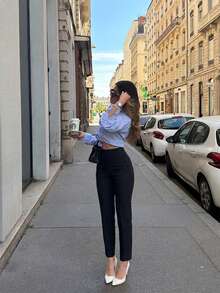 Quần dài nữ màu trơn, chất liệu vải, có túi và khóa kéo, thích hợp cho công sở, nhà ở, mặc hàng ngày, sân bay, mùa xuân/hè. - màu đen - Xem 3
