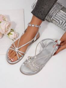 Sandalias planas de moda casual para mujer con tira elástica en el tobillo, tiras cruzadas, tiras trenzadas, punta redonda y cristales de diamante de imitación - Plateado - Ver 6