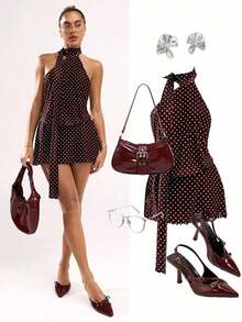 Vestido mini de mujer con estampado de lunares, estilo vacacional, de escote de halter - Café integral - Ver 4