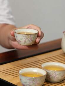 桃花陶瓷茶具套装，复古家居装饰茶杯，红色茶杯，水杯，浓缩咖啡杯，日常小茶杯 - 彩色 - 查看 3