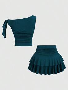 Conjunto de top de tirantes y minifalda plisada y con decoración de flores metálicas para mujer, ideal para el verano - Agua verde azul - Ver 2
