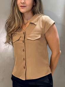 Women's Dress Blouse With Front Pocket, Short Sleeves, Impeccable Quality, Front Buttons - 駝色 - 查看 3