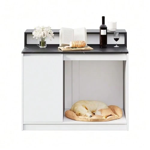 Kitchen Island, Kitchen Island With Bar, Kitchen Table And Bar, Multifunctional Kitchen Table With Pet Rest Area, For Kitchen And Dining Room, Black And White Marble Look, 120*80*100cm - Black and White - View 1